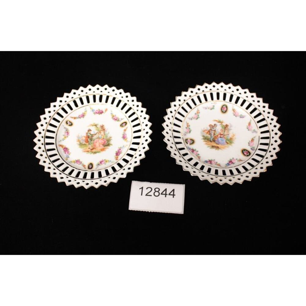 Reticulated Porcelain Plates Germany Rococo Courting Couple Fragonard Pierced pr - Picture 6 of 6